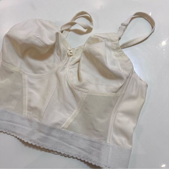 Vintage 1960s / 1970s Ivory Mesh Panel Long Line Soft Cup Bra Corset Bustier - Picture 7 of 13